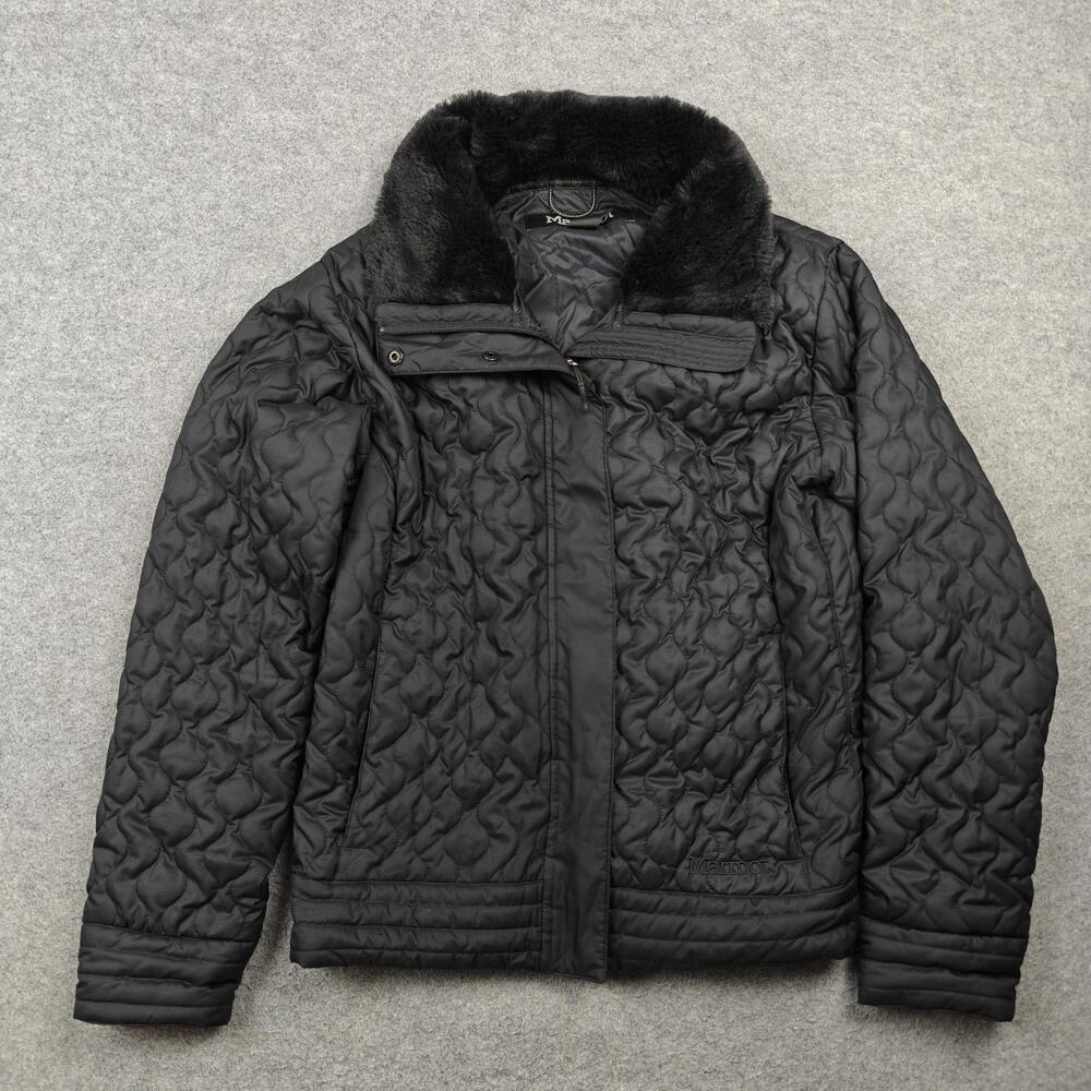 Marmot Jacket Mens XL Black Quilted Faux Fur Collar Insulated Zip Pockets